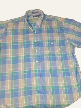 Towncraft Plaid Button-Up Shirt Men's XL Short Sleeve Blue Green